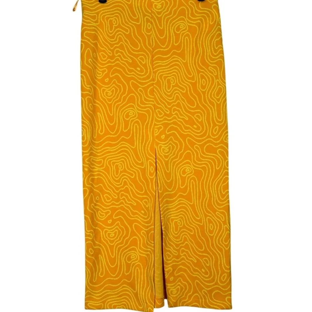 ZARA Abstract Printed Keyhole Cutout Tie High Waist Midi Skirt M Orange Yellow - Image 7