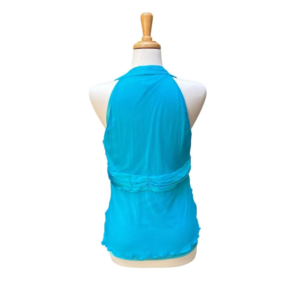 VTG Y2K Silk Halter Top Med/LG Blue Babydoll Ribbon Chiffon V Neck Coquette - Image 5