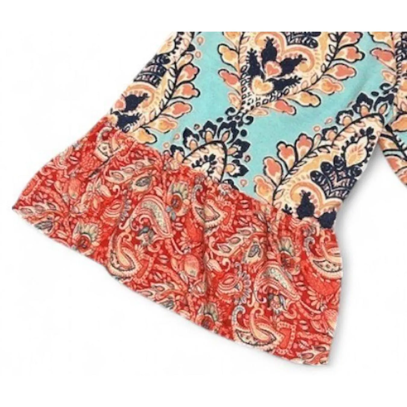Fig & Flower Mixed Media Paisley‎ Blouse Women’s S Aqua & Red Boho Bell Sleeves - Image 6