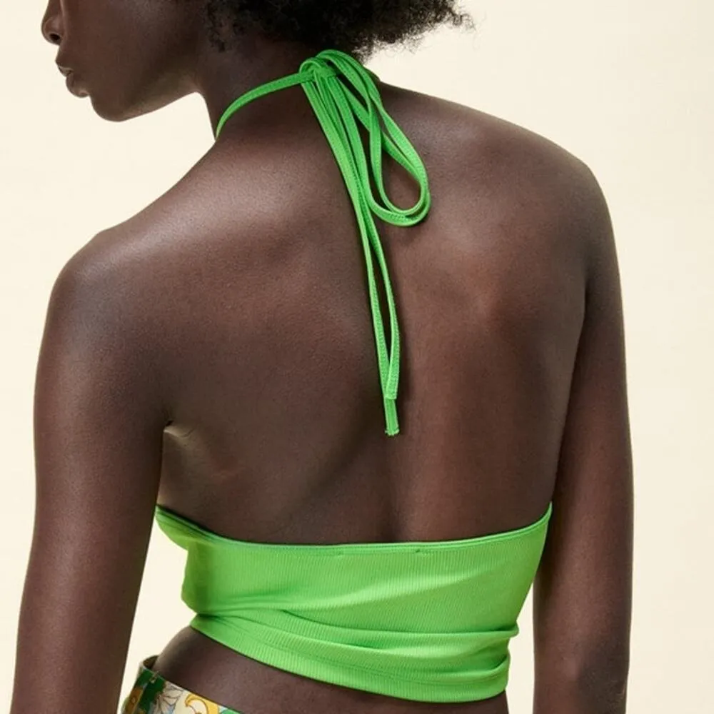 Zara Halter Crop Top + Knit Jacquard High Waisted Mini Skirt Neon Green Small - Image 12