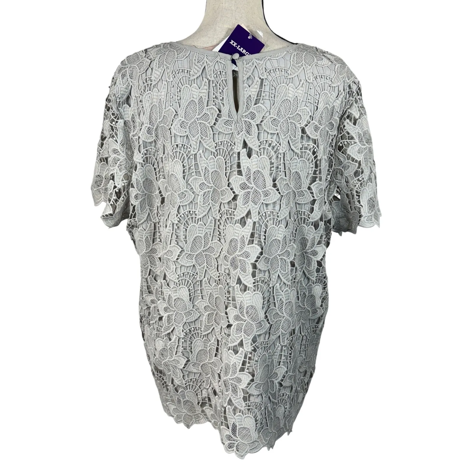 Philosophy XX-Large Top Floral Lace Short Sleeve Lined Keyhole Vapor Grey New - Image 6