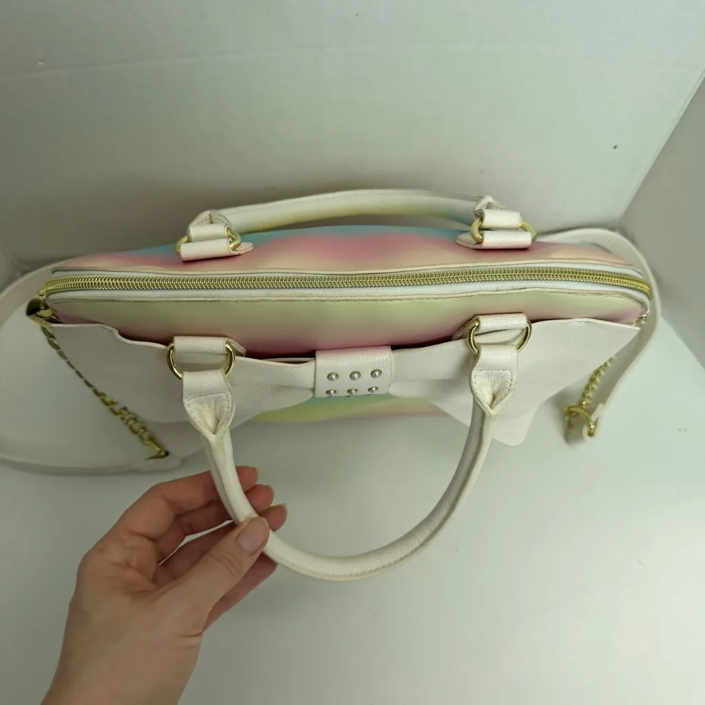 Betsey Johnson Purse Handbag Crossbody Bow Studded Chain Rainbow Ombré Gold - Image 6