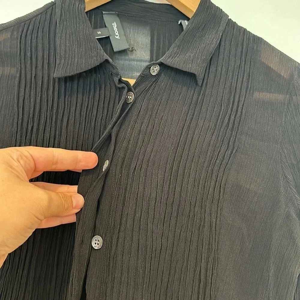 Theory 'Dionelle' Pintuck Pleat Textured Chiffon Black Sheer Blouse 100% Silk S - Image 8