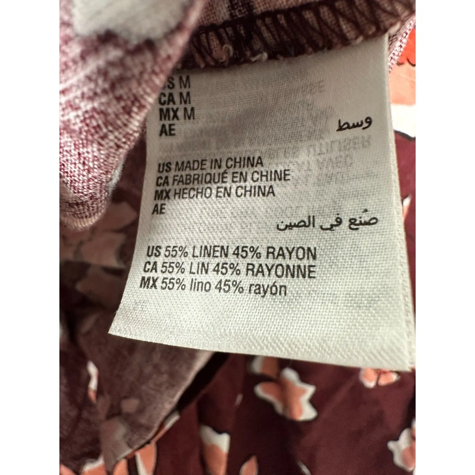 Alfani Linen Floral Burgundy Boho Bohemian Modest High Neck Blouse Size Medium Red - Image 4