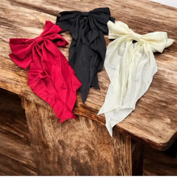 Elegant Bow Hair Clips Set in Red, Black, and Cream Set of 3 Red - Image 2
