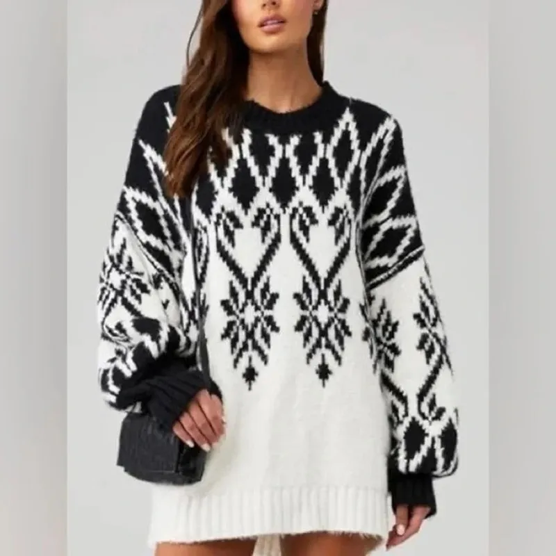 NEW Free People Fireside Ivory Black Oversized Knit Tunic Sweater Mini Dress XS - Image 5