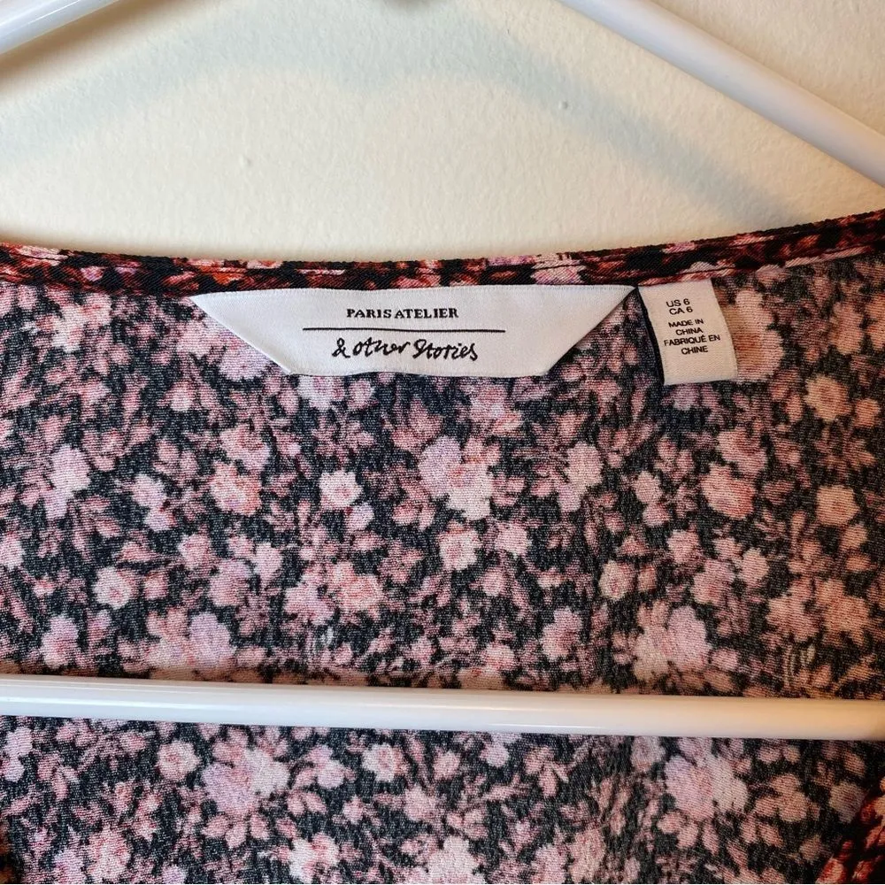 & Other Stories Floral Long Puff Sleeve Wrap Blouse Black/Pink Sz 6 Small - Image 4