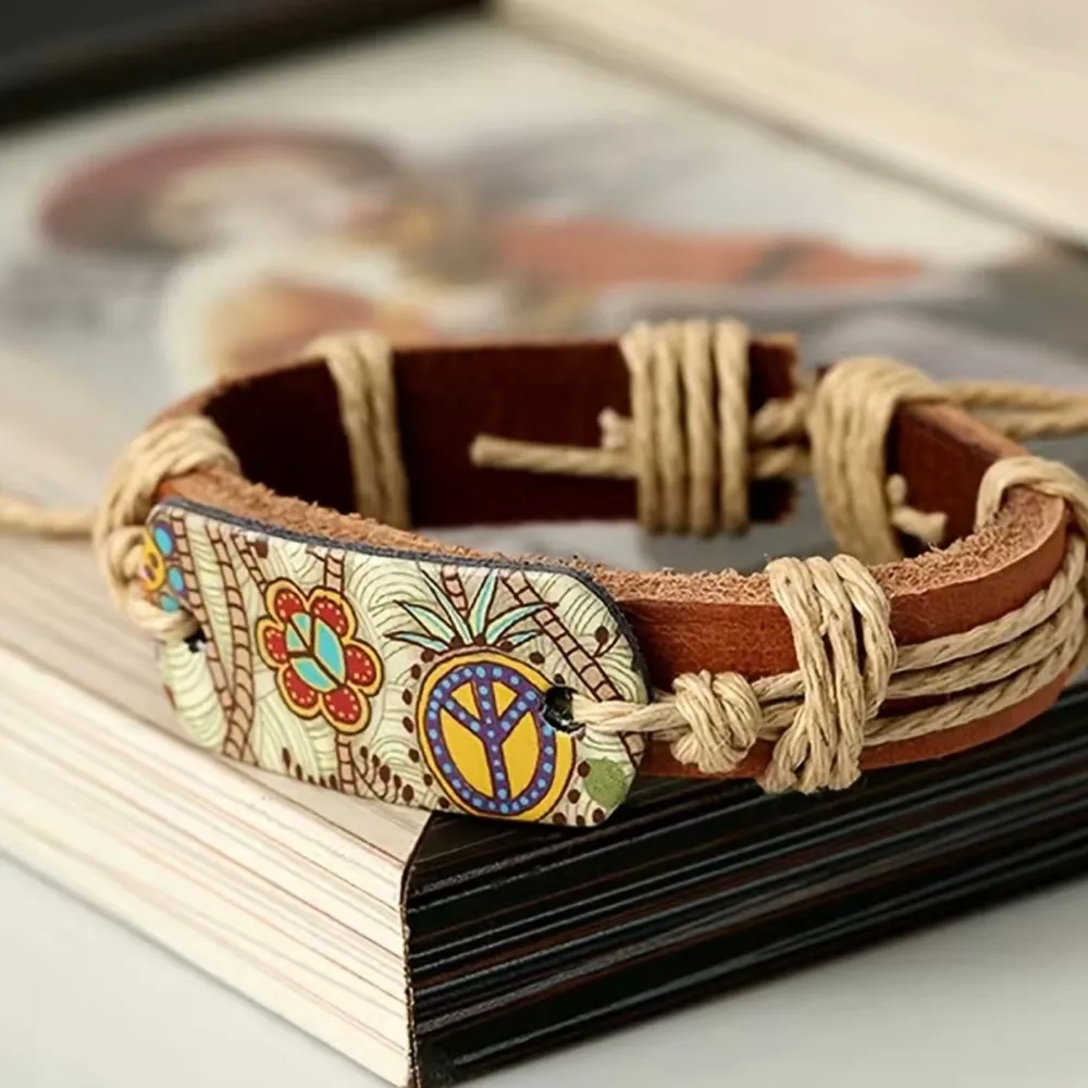 1pc Hemp Rope Braided Faux Cowhide Leather‎ Bracelet Brown - Image 2