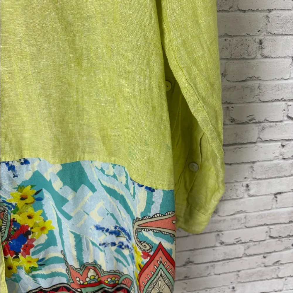 John Mark Chartreuse Green Linen Mandala Paisley Long Sleeve Button Down Tunic - Image 5