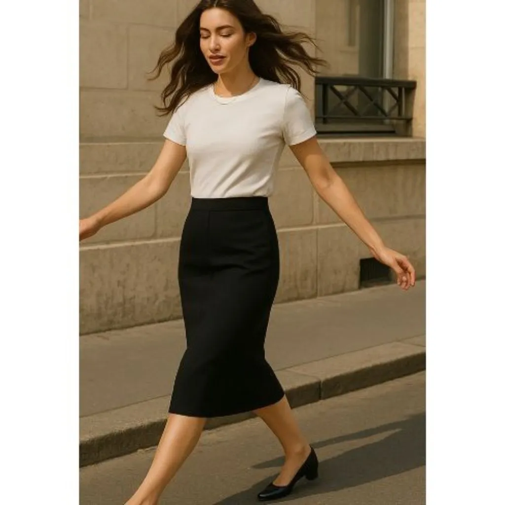 Ellen Tracy Size 14 Midi Unlined Straight Skirt 15" Back Vent & Front Zipper Blk - Image 5