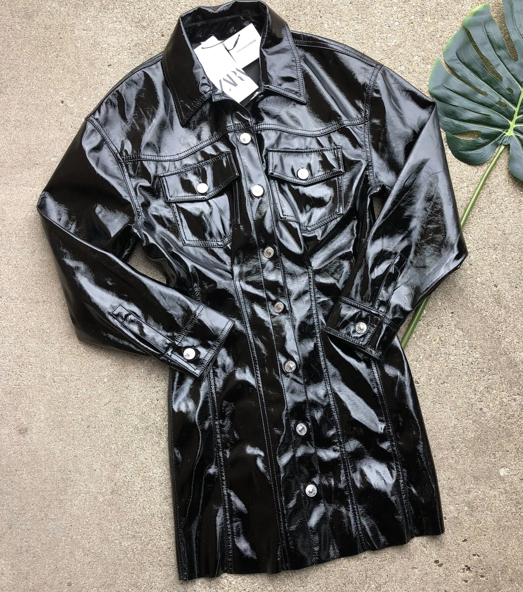 ZARA NEW  Black Faux Patent Leather Mini Dress size XS The Raeh Dress - Image 3