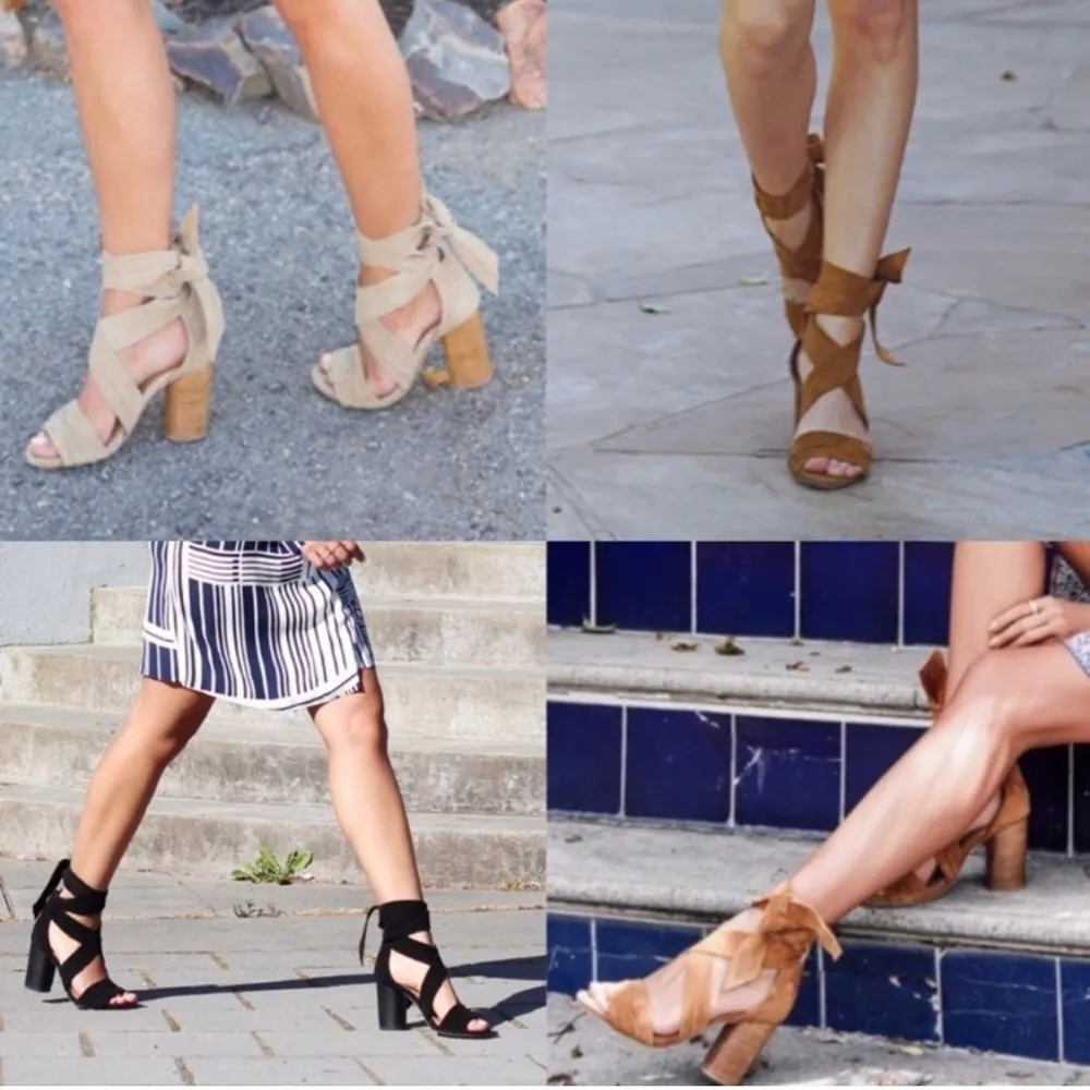 Revolve x RAYE Mia Heel Nude Nubuck Suede Strappy Wrap Wood Block Heel Beige 7.5 - Image 16