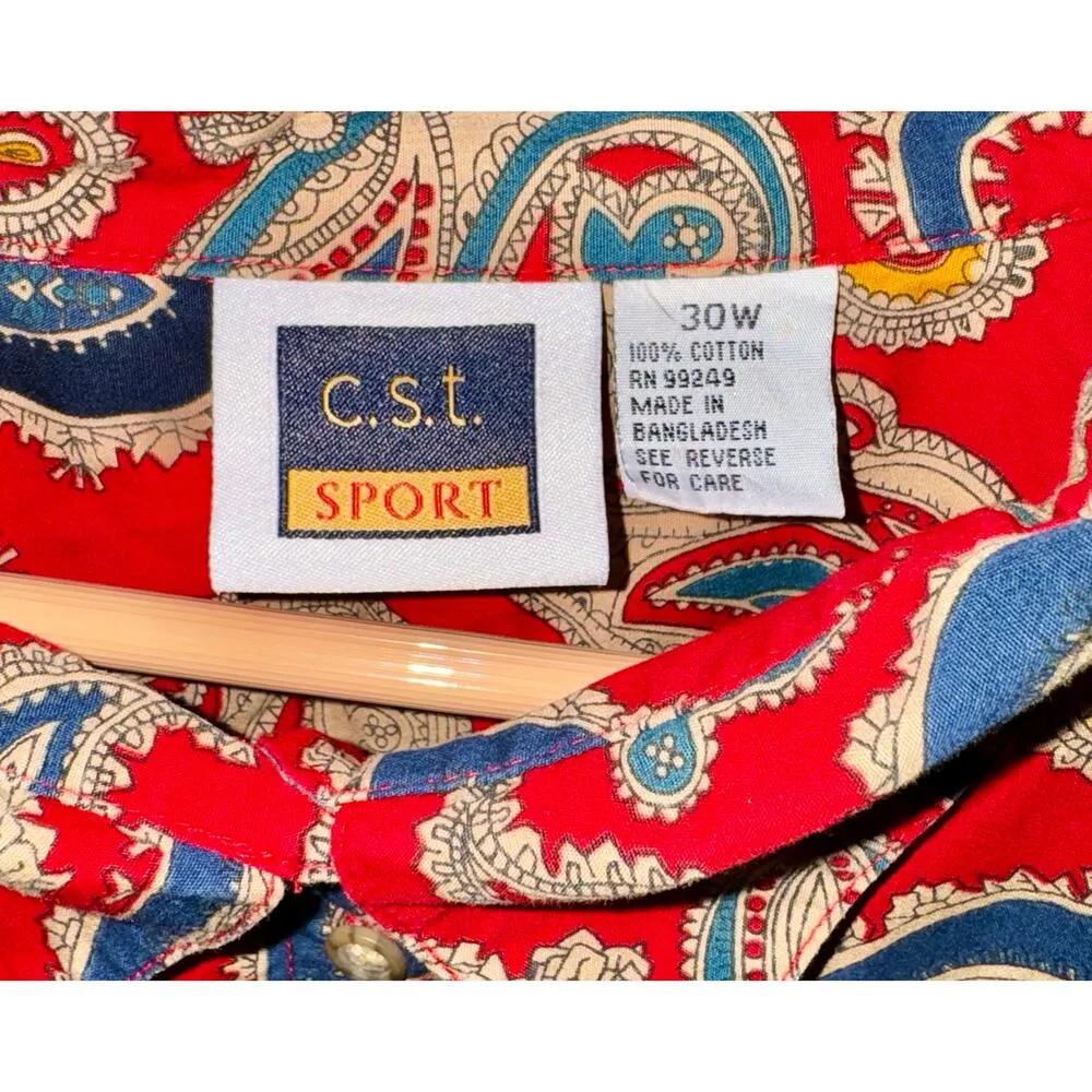 Vintage CST Sport Button Up Red Paisley Shirt Top Women's 30W Boho Retro Quirky - Image 4
