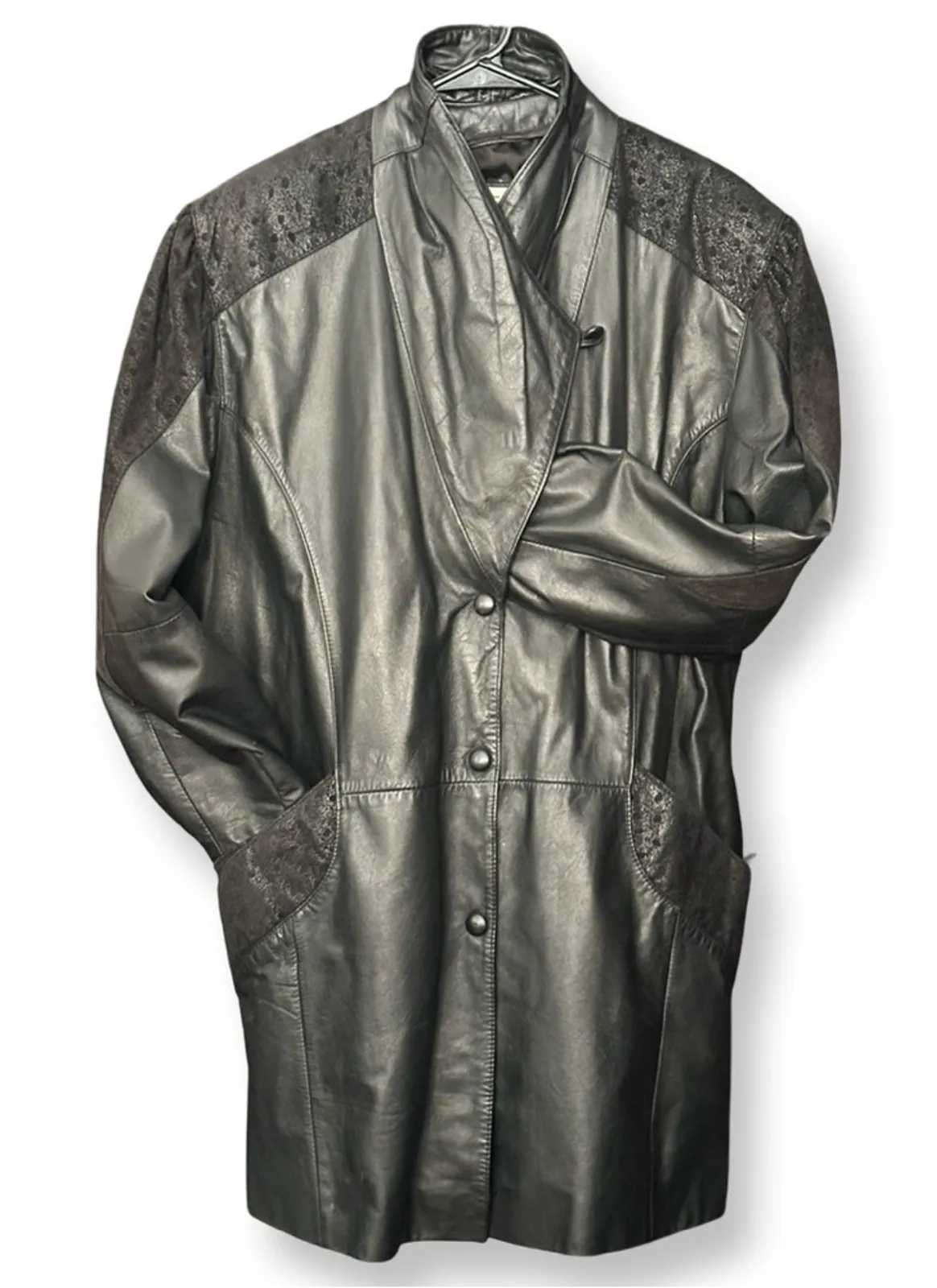 Vintage 80’s Pelle Studio 100% Leather Midi Trench Coat Black Size M - Image 1