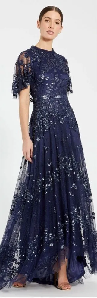 MAC DUGGAL 9192 Sequined High Neck Flutter Sleeve A Line Gown Blue 12 - Image 2