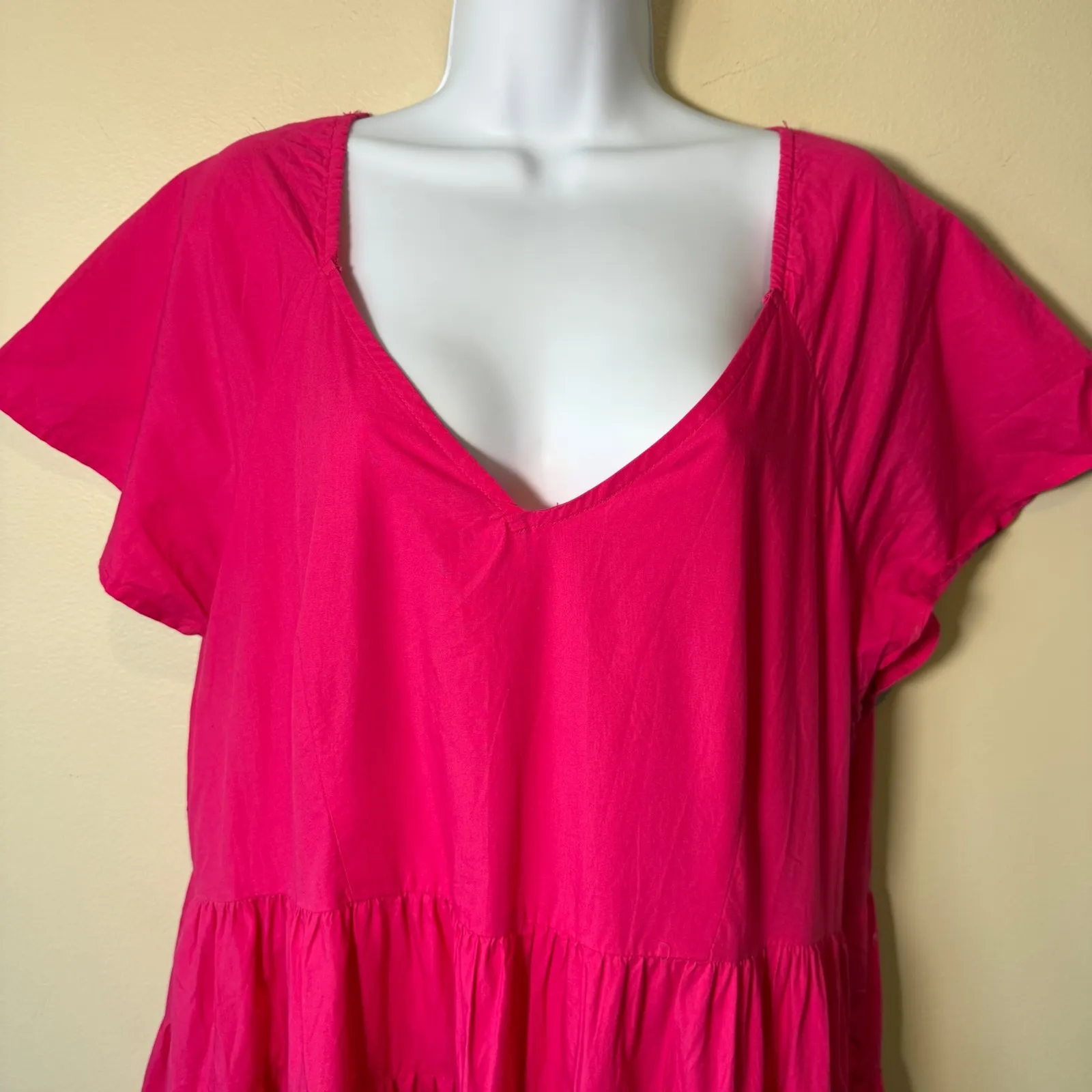 Peyton Parker Tiered Maxi Dress Hot Pink V Neck Short Sleeve Cotton XL Vacation - Image 3
