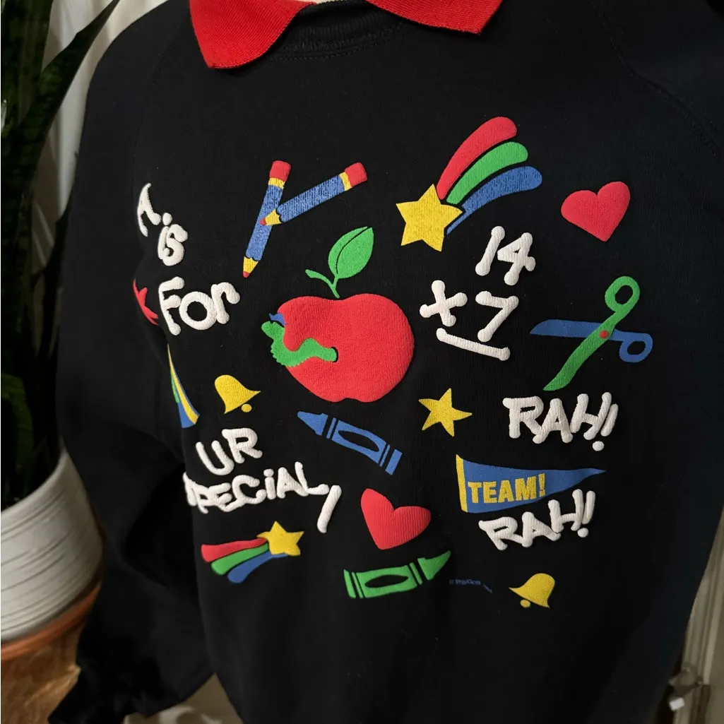 Vintage 1992 Teacher Graphic Sweatshirt XXL Cozy Kitsch 90s Black - Image 7
