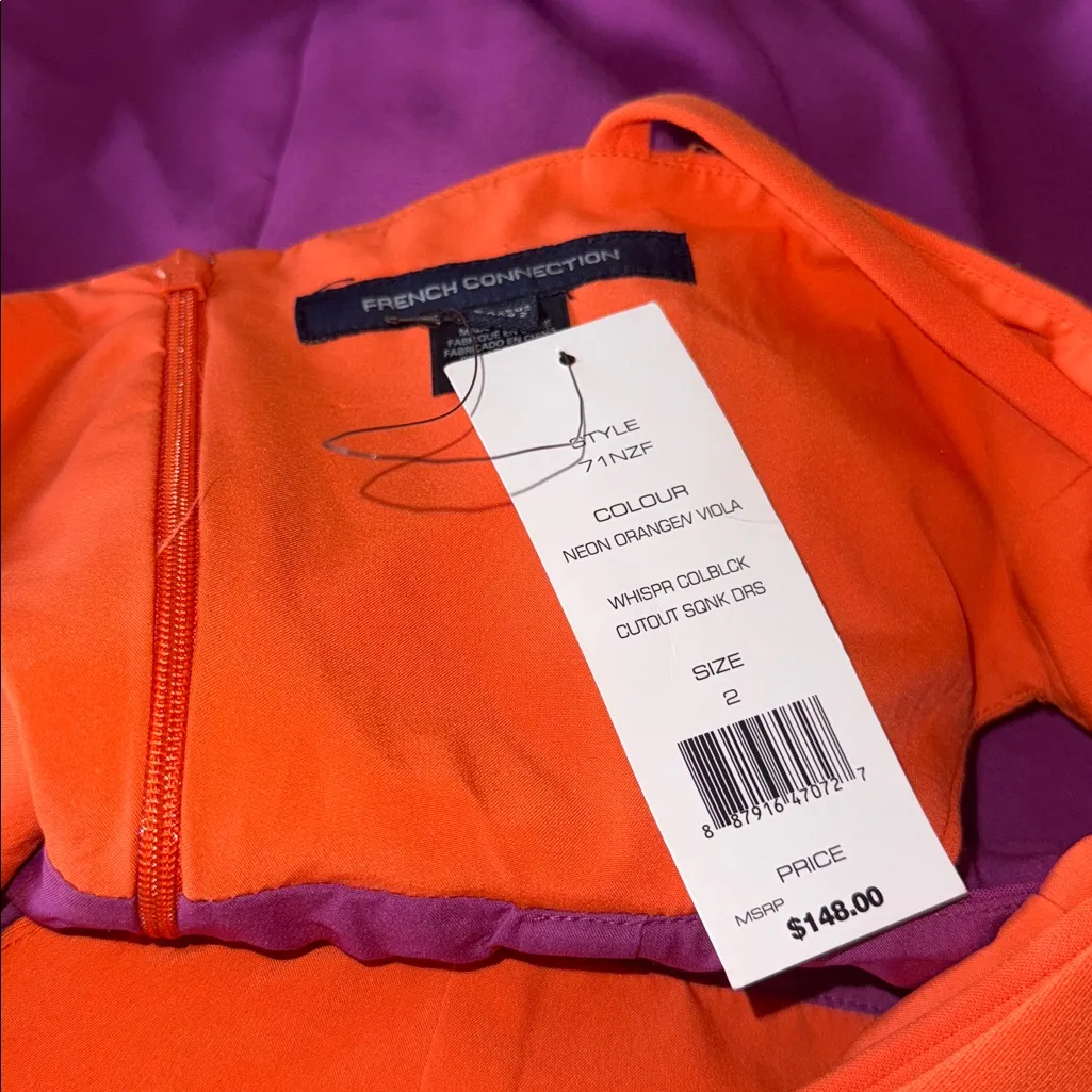 NWT French Connection  Whisper Colorblocked Cutout Dress  Neon Orange / Viola 2 - Image 5