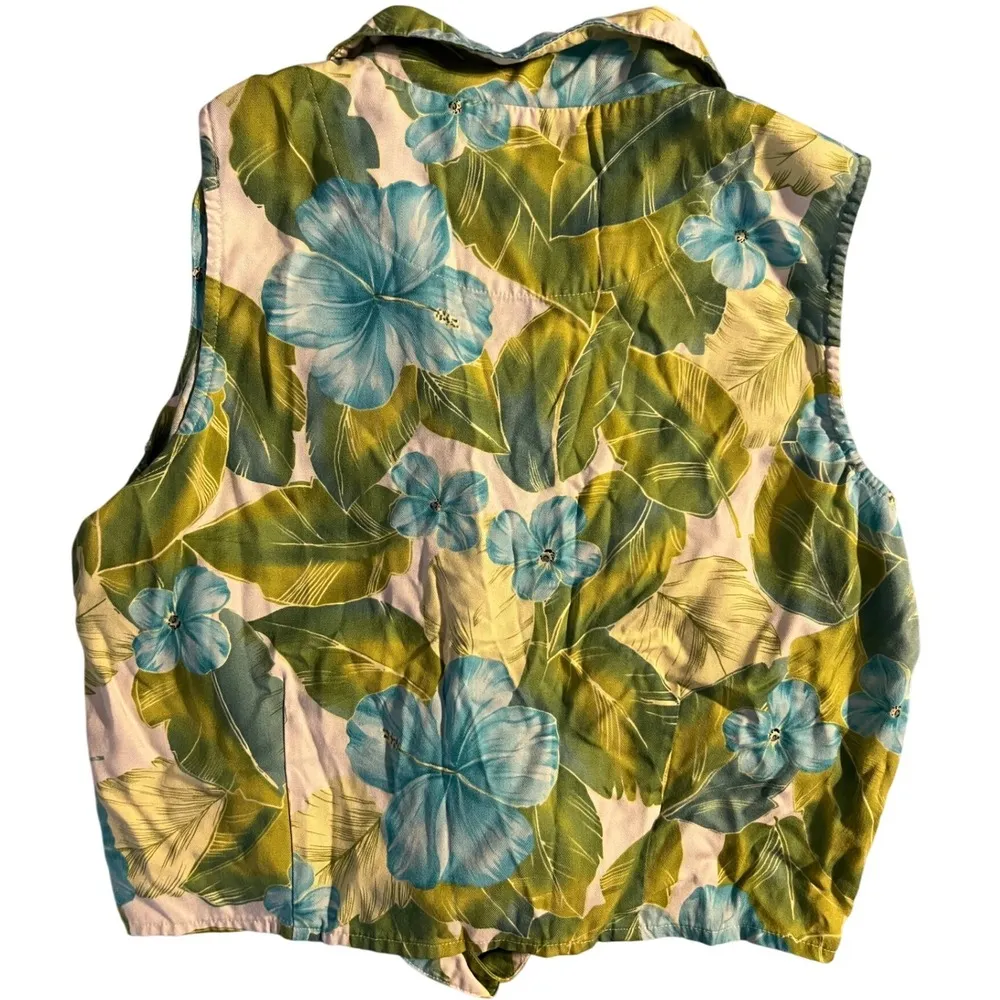 Caribbean Joe Women's Tropical Tie Front Sleeveless Top Size L Rayon Hibiscus - Image 5
