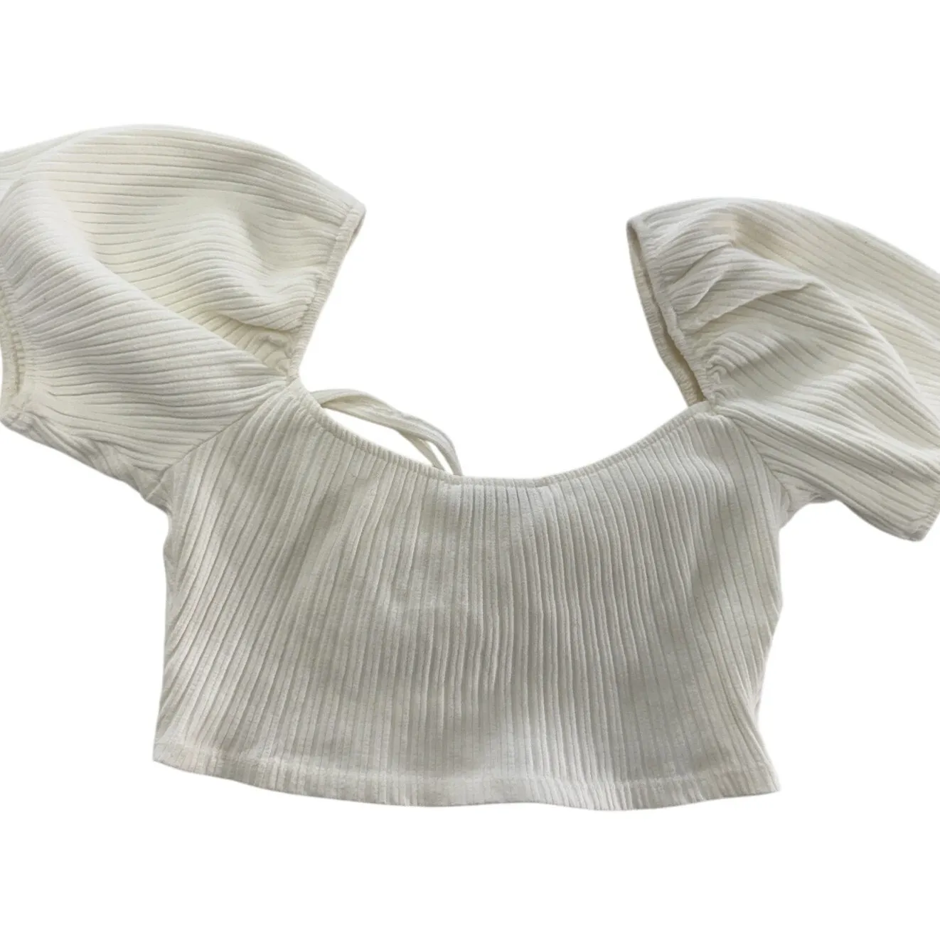 Zara‎ Crop Top Womens Medium White Ribbed Puff Sleeve Knit Tie Neck Cropped - Image 2