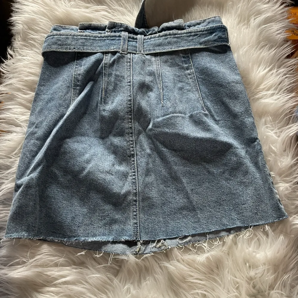 Free People East of Eden Belted Denim Frayed Mini Skirt Mid Indigo Blue - Image 6