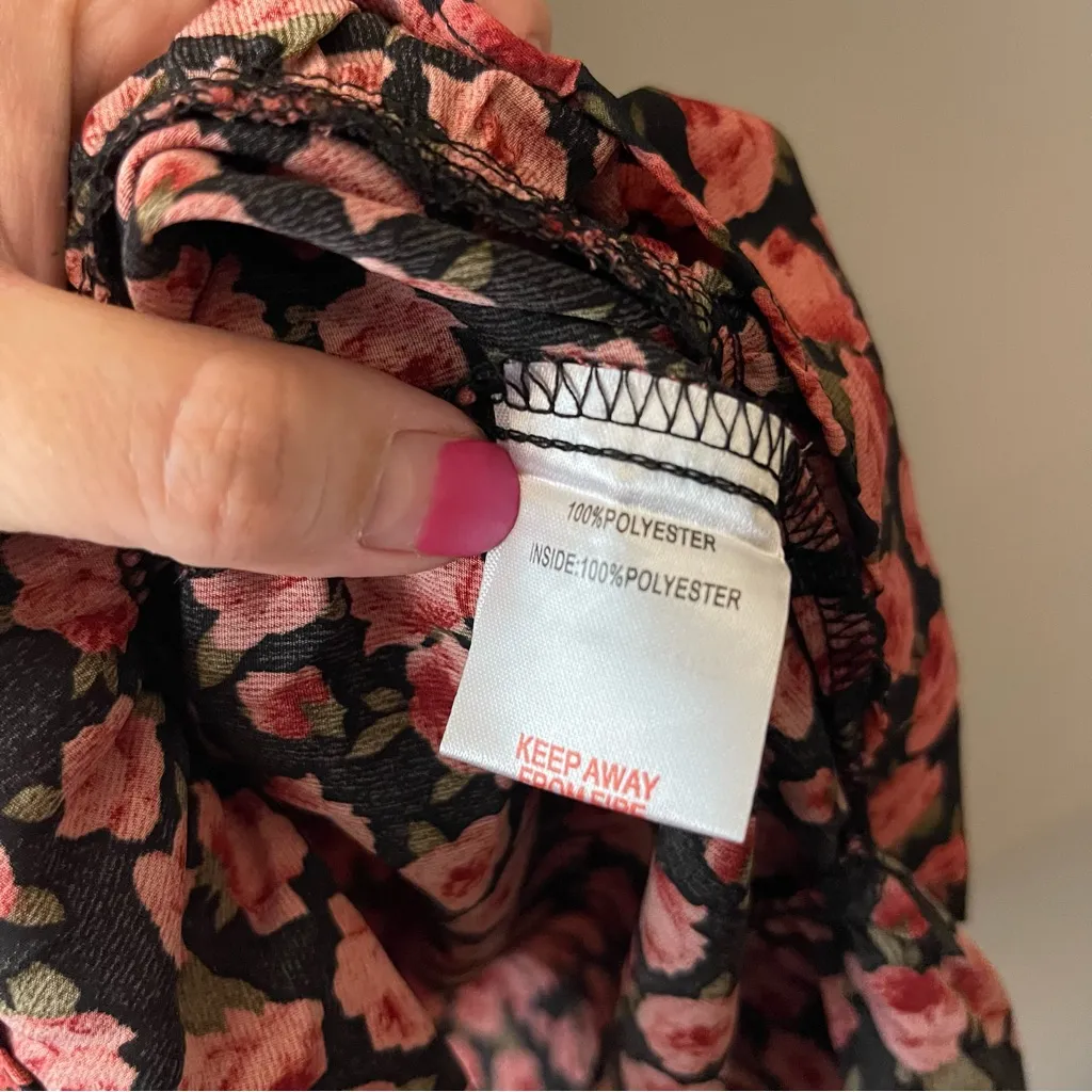 Collection Floral Puff Sleeve Mini Wrap Dress V-Neck Black Roses Y2K - Image 8