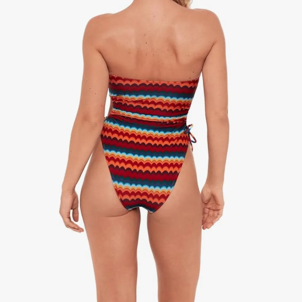Sports Illustrated Strapless One Piece Side Cutout Groovy Stripe Swimsuit Size L Red Size L - Image 3