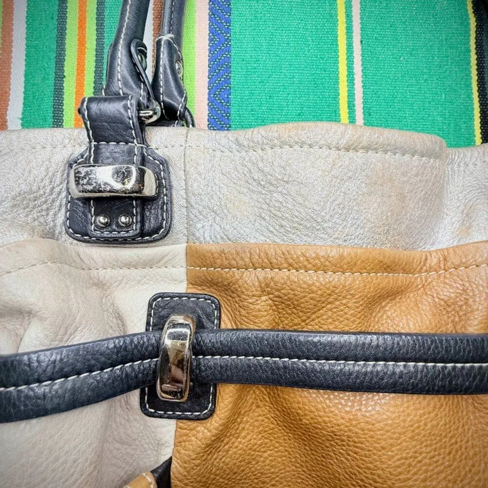 Vintage B. Makowsky Colorblock Leather Satchel Bag in Black Tan Cream & Silver - Image 12