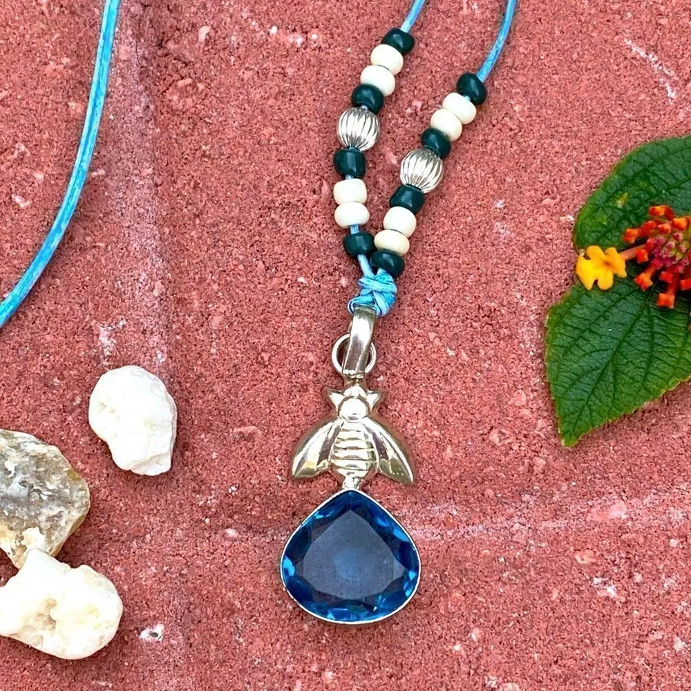 Blue Topaz Silver Bee Leather Handmade Necklace - Image 3