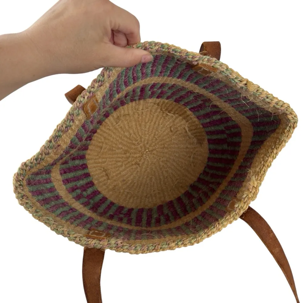Handwoven Handcrafted Boho Sisal Straw Leather Kiondo Market Bag Vintage 80’s Tan - Image 6