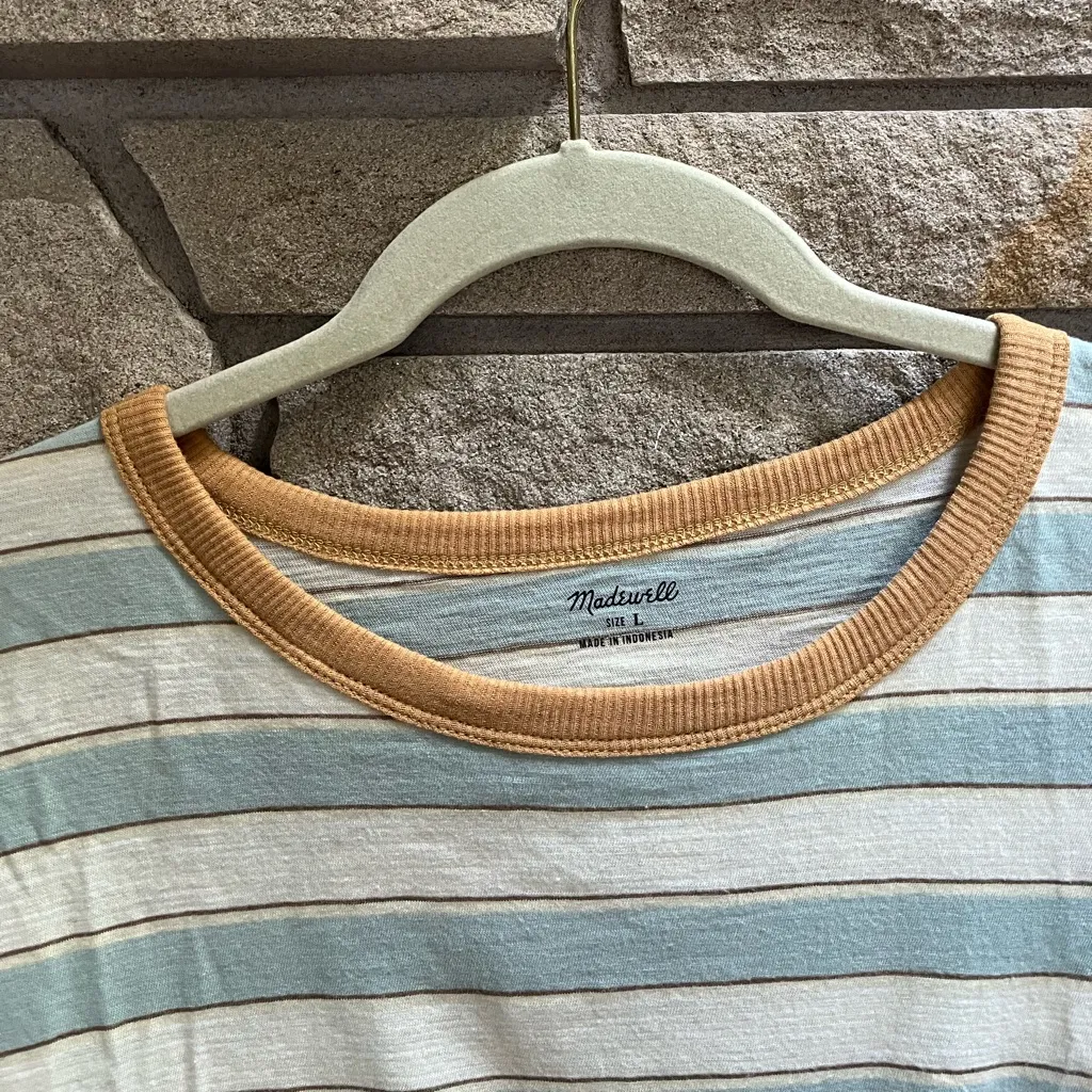 Madewell Whisper Cotton Crewneck Tee Tshirt Colewell Stripe aqua white large - Image 4