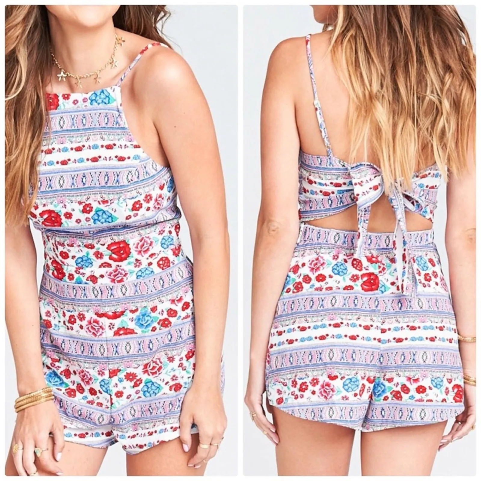 Show me Your Mumu Afton Tie-Back Romper in Bright Floral Stretch‎ NEW - Image 2