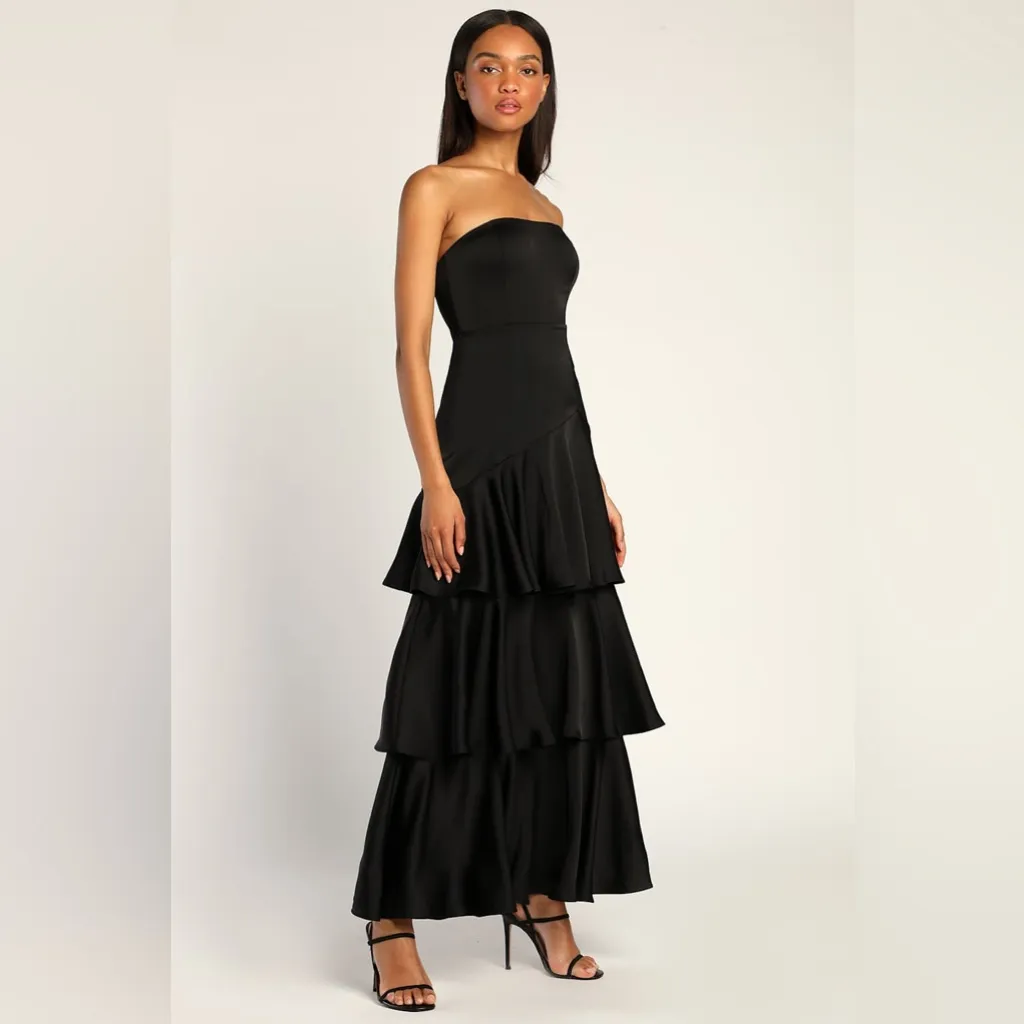 LULU’S Blissfully Beautiful Black Satin Strapless Tiered Maxi Dress - Image 4