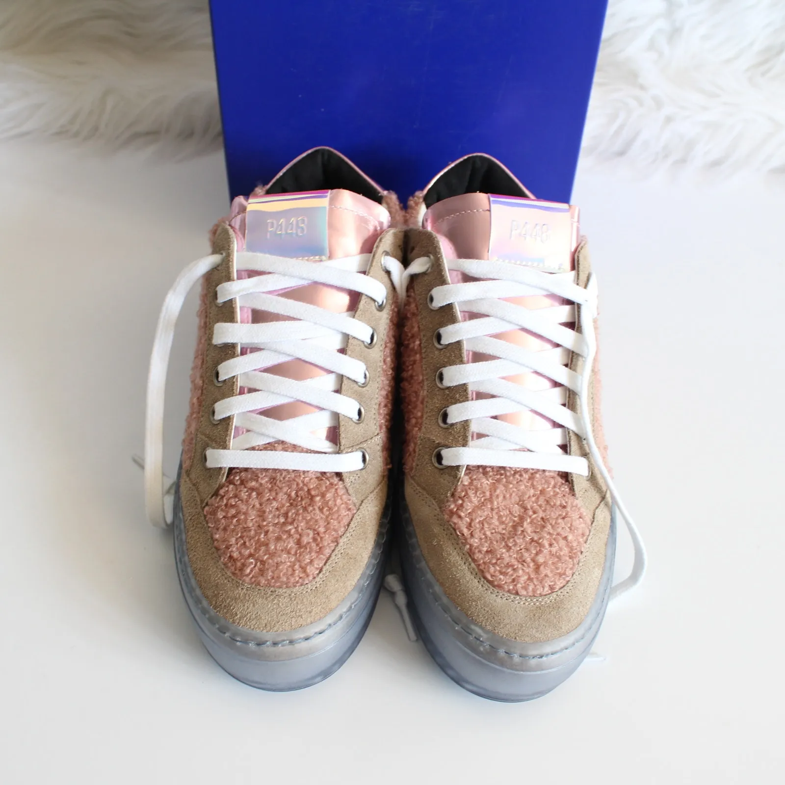 P448 John Sherpa Fuzzy Pink Holo Tan Suede Blue Sneakers - Image 4