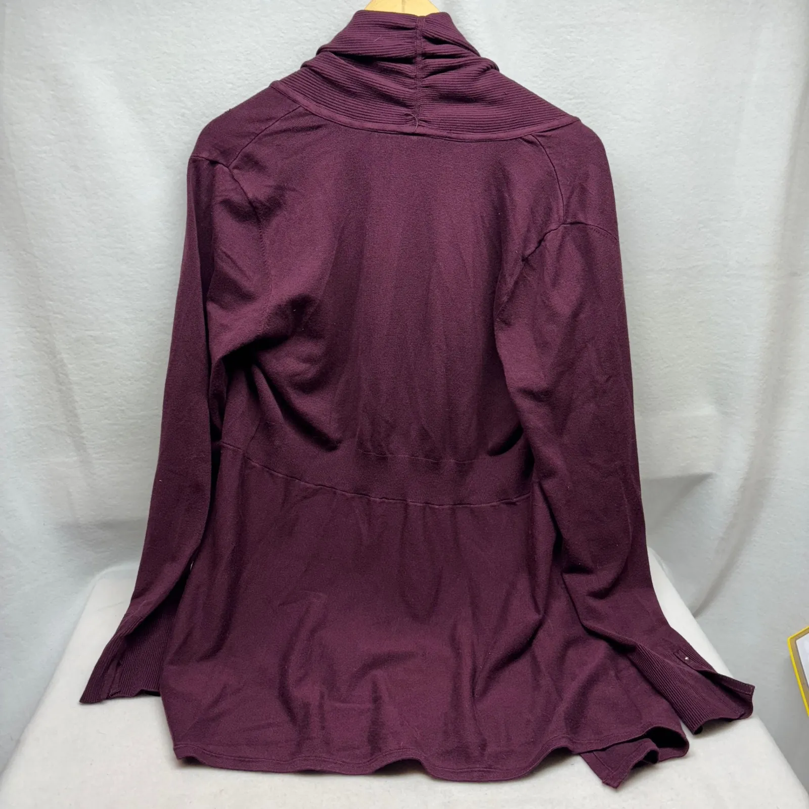White House Black Market Burgundy Knit Duster‎ Cardigan Shawl Collar Size L - Image 6