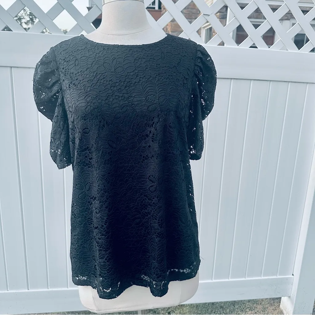 Adrianna Papell Black Lace Blouse Puff Sleeves Size M - Image 11