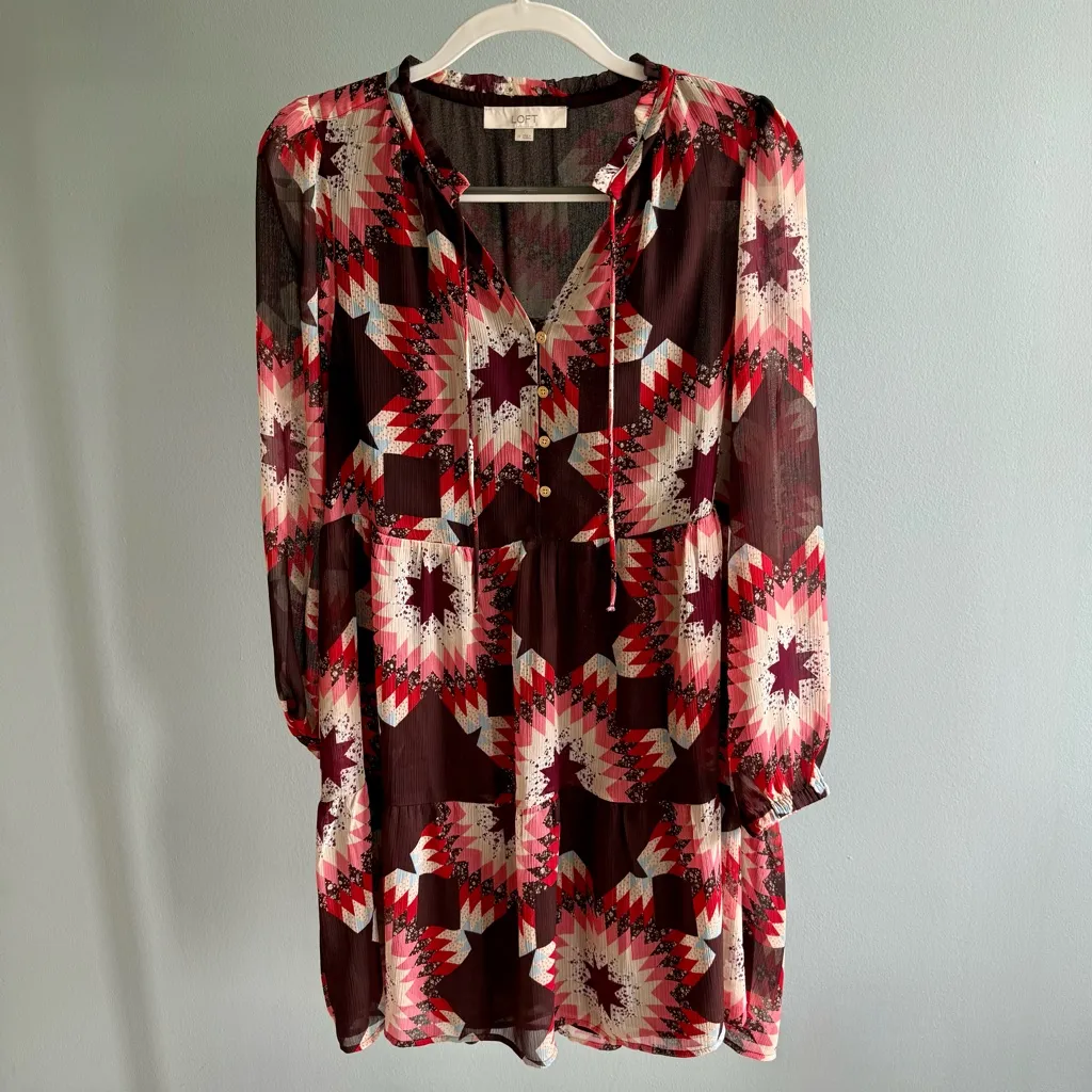 Loft Patchwork Button Flounce Mini Dress, Red multi | Size Medium - Image 6