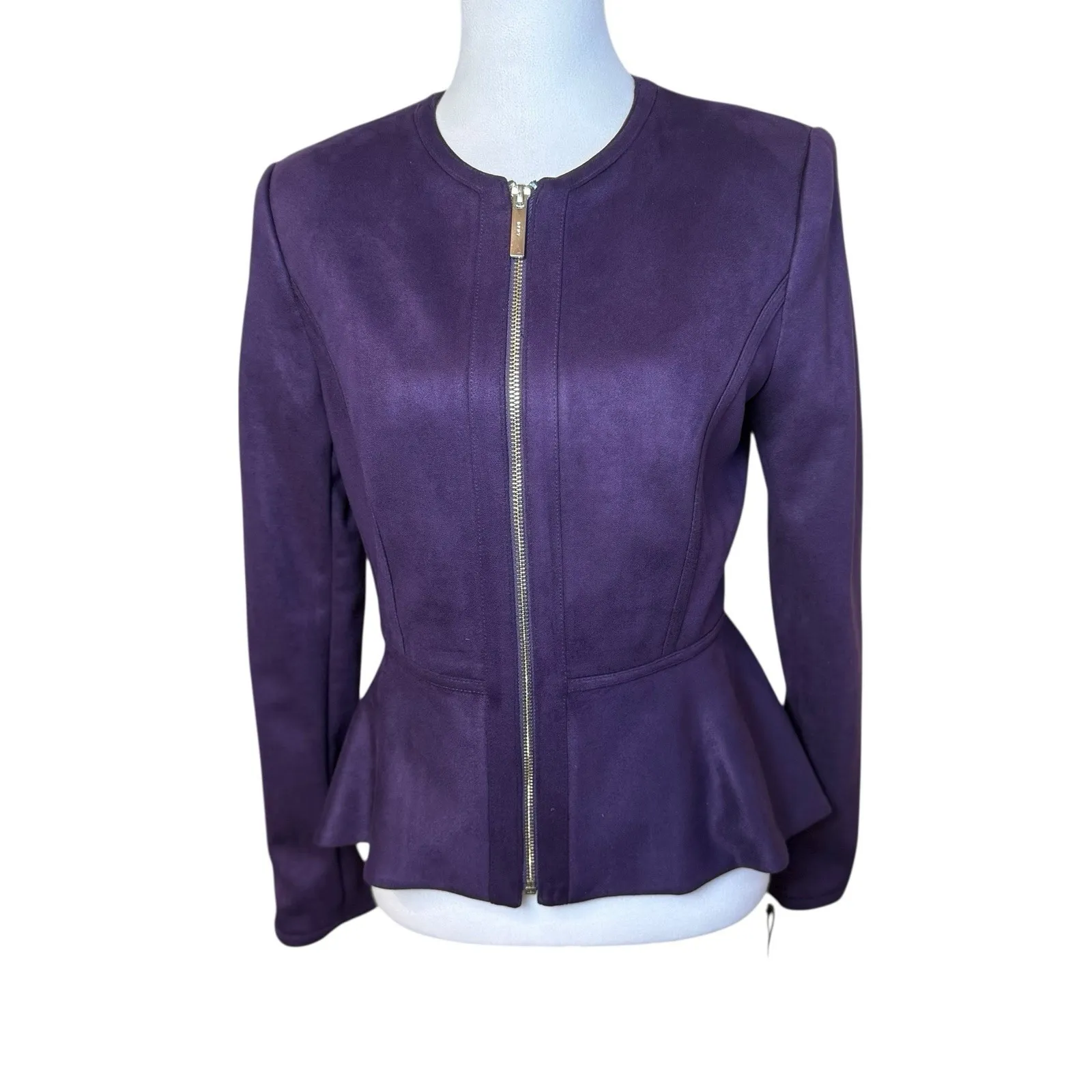 DKNY Women's Faux-Suede Zip-Front Peplum Jacket Purple Size 4 Career Office Work - Image 6