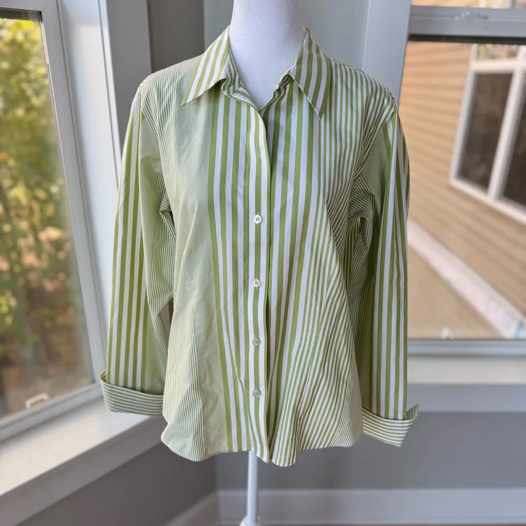 Liz Claiborne White Lime Green Preppy Striped Cotton Button Down Dress Shirt 10 - Image 7