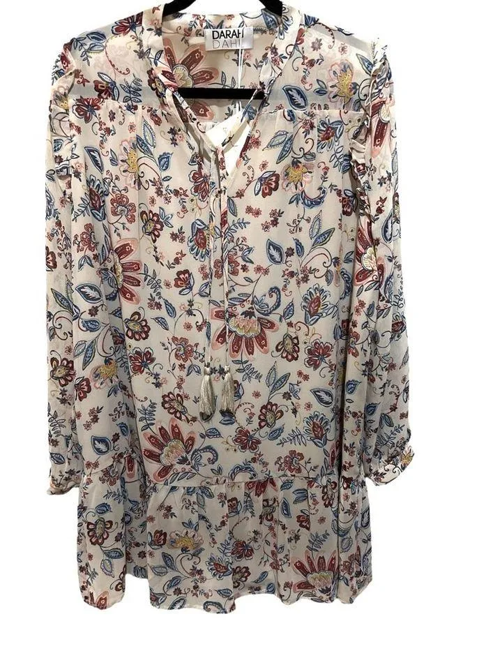 Darah Dahl Cream/Red/Blue Paisley Floral Boho Mini Dress Sz M Women Size M - Image 12