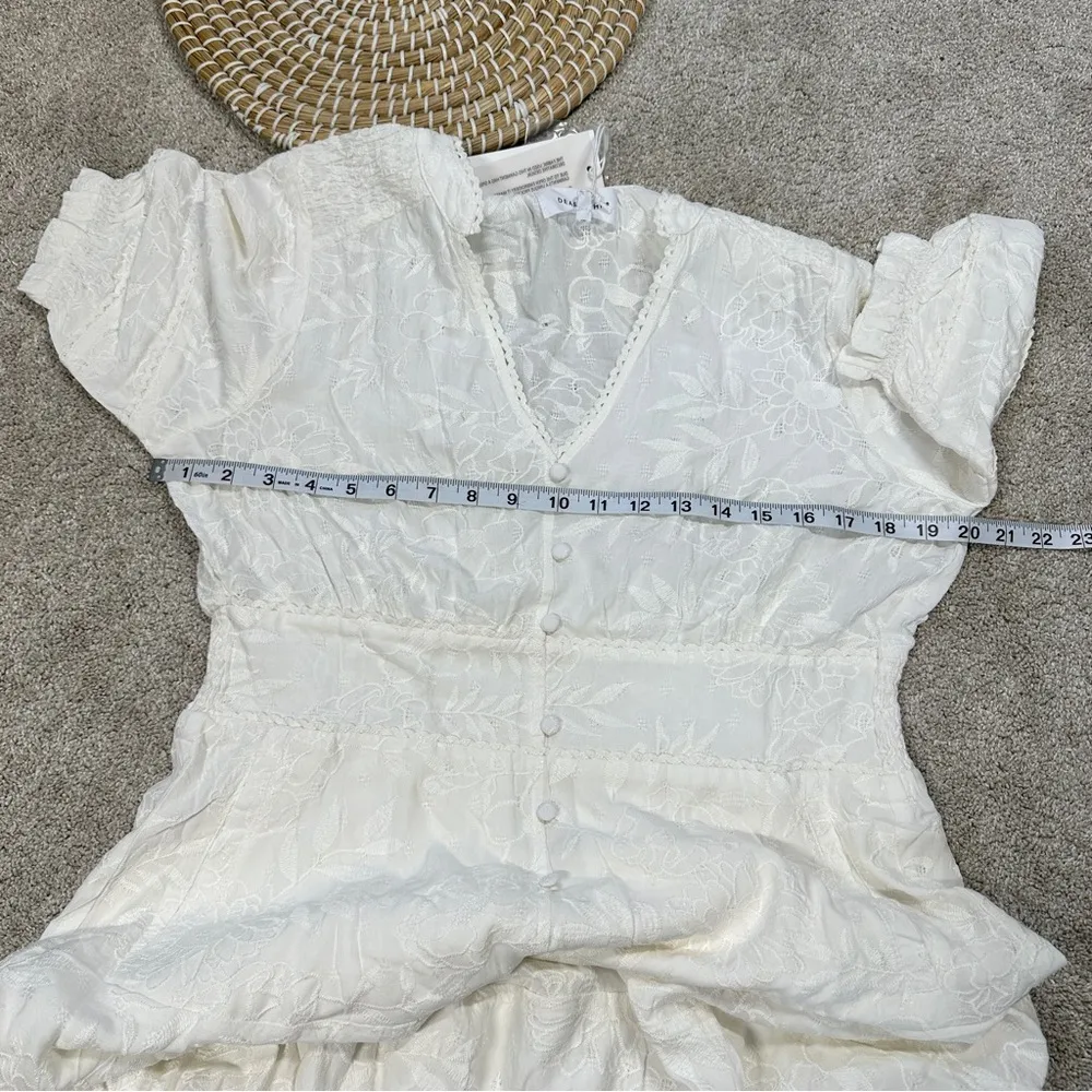 NWT Dear John Ellen Smocked Waist Mini Dress Pearled Ivory Garden Embroidered M - Image 15