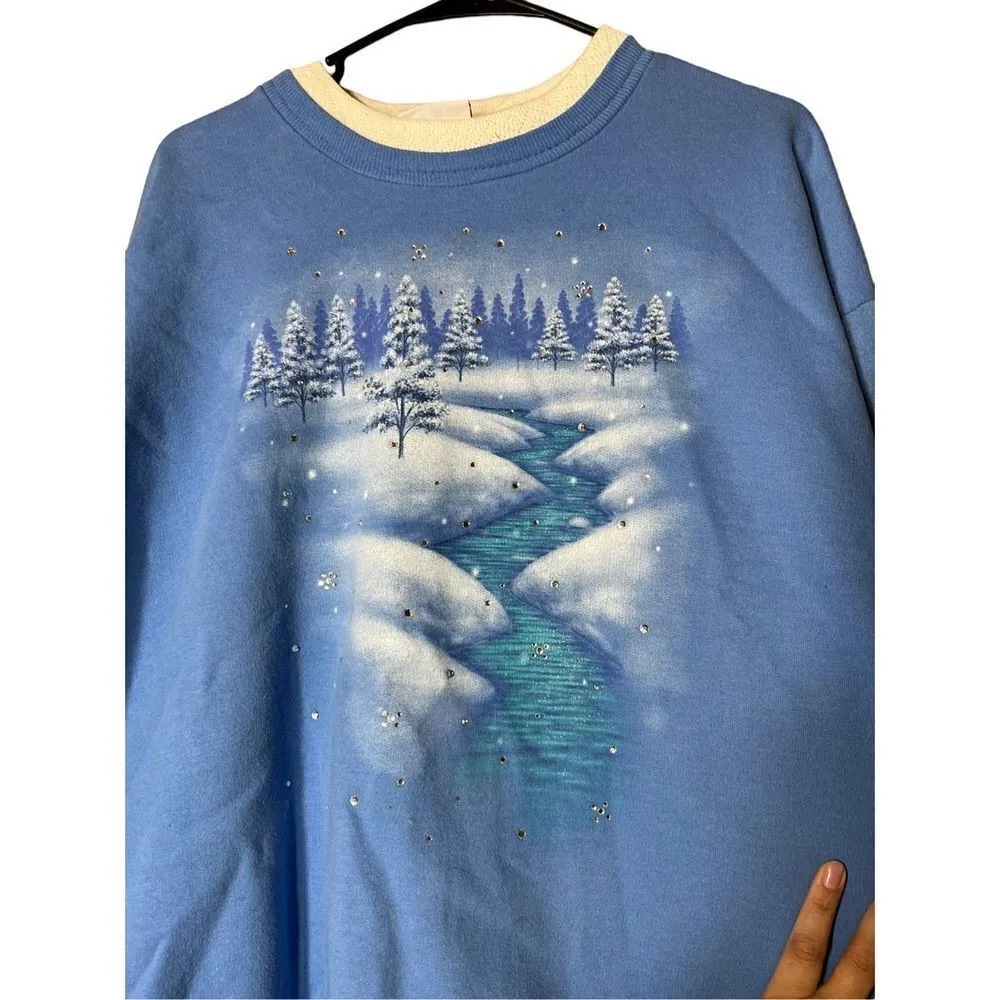 Vintage Morning‎ Sun Winter Snow Print Crewneck Sweater Size 3X Blue - Image 2