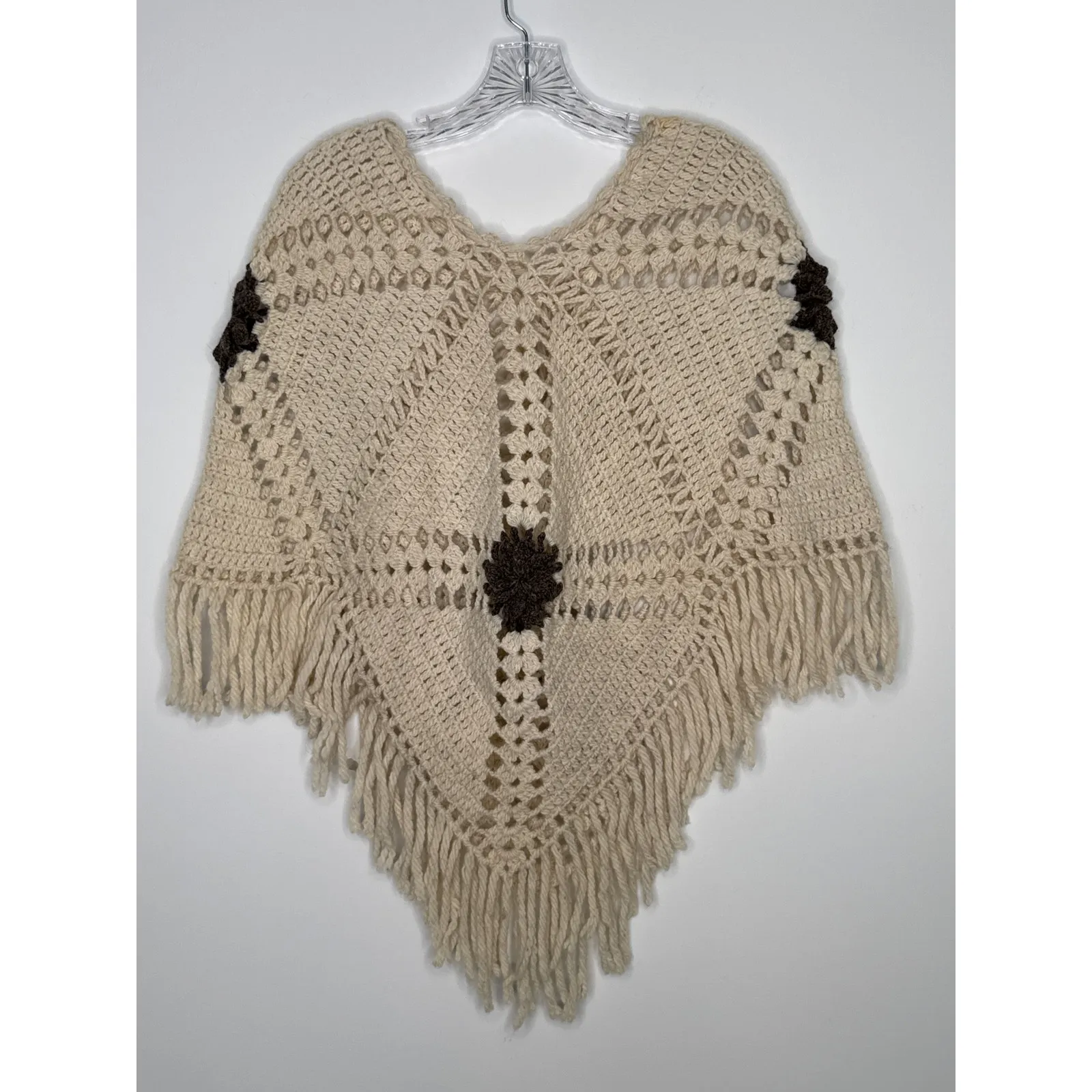 Vintage 1970s Handmade Crochet Poncho with Mushroom Tassel Ties & Fringe S - Image 12