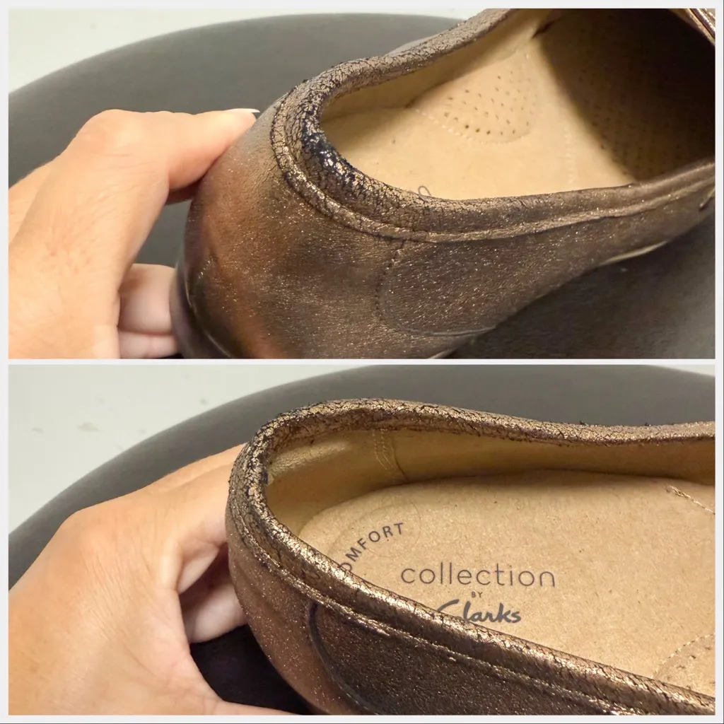 Clarks Collection Metallic Gold Bronze Leather Trish Willow Slip On Shoes 9 Wide - Image 11