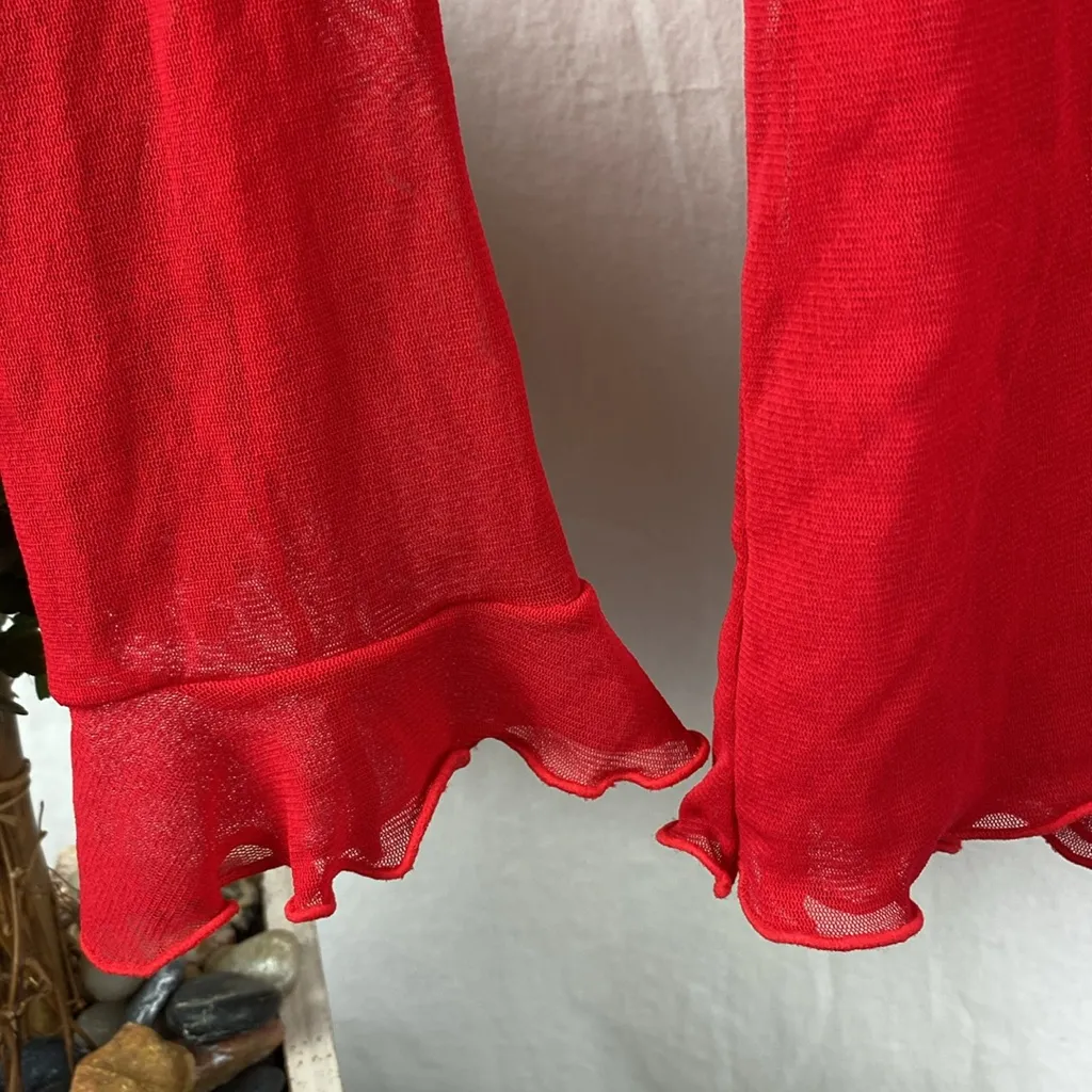 Josie Natori Red Long Sleeve Sheer Nylon Tee Shirt Top L Size L - Image 3