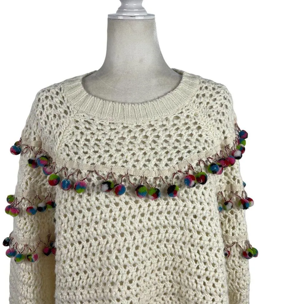 Zara Knit Chunky Pom Pom Oversized Jumper Sweater Size Small Cream - Image 4
