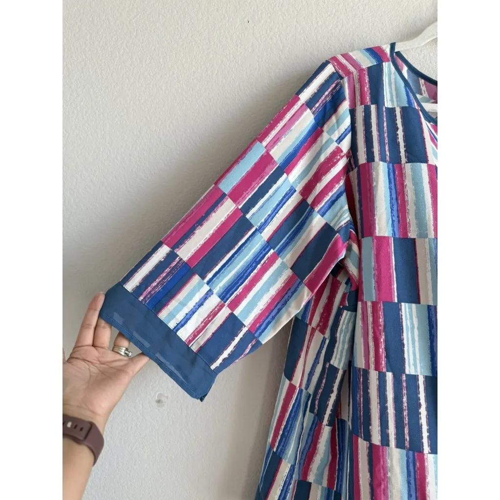 BOB MACKIE Wearable Art Abstract Stripe Tunic Top Chiffon Trim Blouse Women’s 2X Blue - Image 9