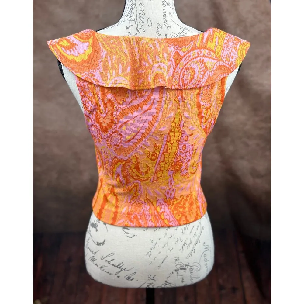 Sleeveless Stretch Summer Zara Jacquard Paisley Ruffle Top Orange Yellow size S - Image 9