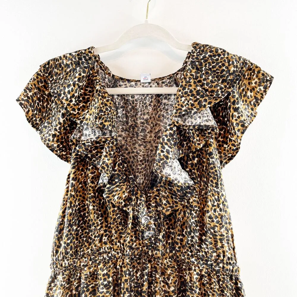Old Navy Waist Defined Ruffle Trim Mini Dress Leopard Wild Spots Brown Large - Image 6