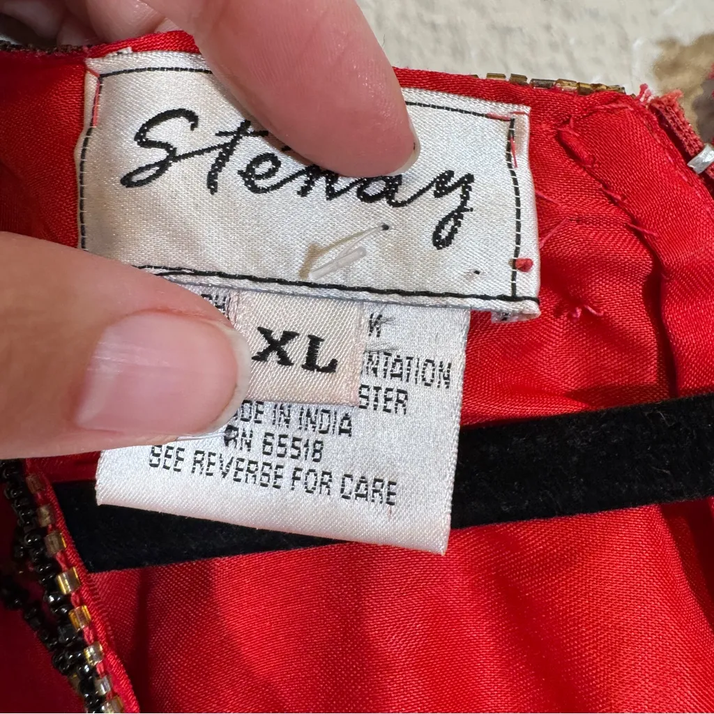 Vintage Stenay Red Silk Black Beaded Short Sleeve Blouse Womens XL Christmas Bow - Image 11